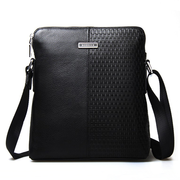 Men's Leather Shoulder Bag Black Soft Zipper Vertical BOSSGE (Color: Black)
