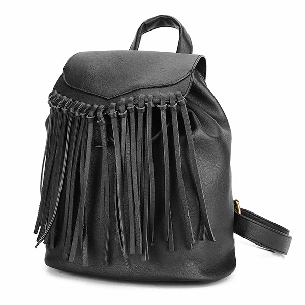 Women; PU Leather; Tassel; Travel; Satchel; Shoulder; Backpack; Student School Bag (Color: Black)
