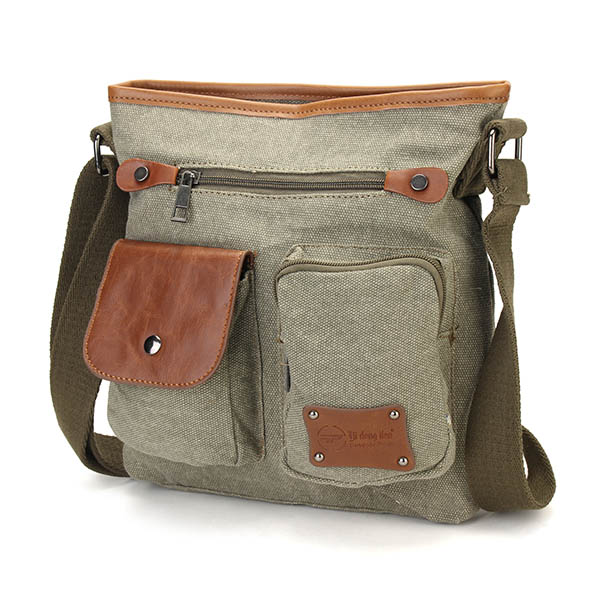 Men's Canvas Leisure Crossbody Bag Outdoor Travel Business Pocket (Color: Army Green)