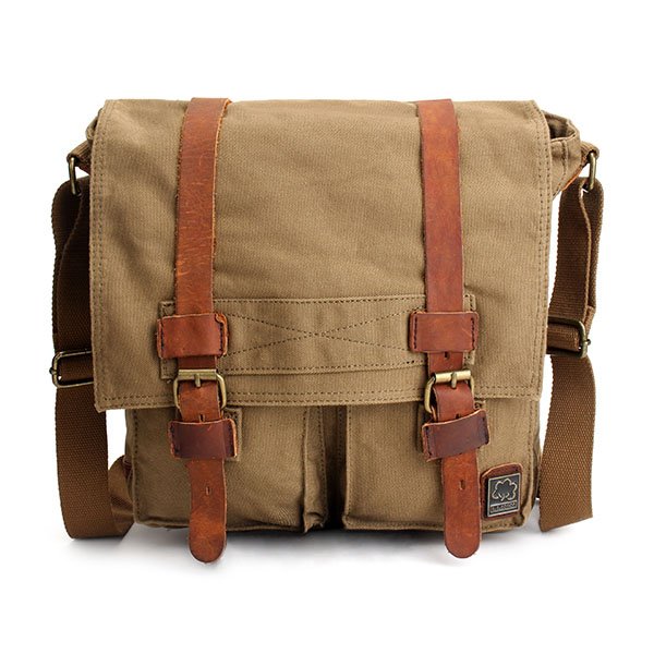 Men Canvas Genuine Leather Casual Big Retro Travel Shoulder Crossbody Bag (Color: Army Green)