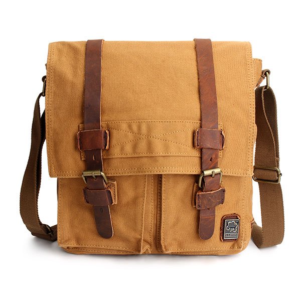 Men Canvas Genuine Leather Casual Big Retro Travel Shoulder Crossbody Bag (Color: Khaki)