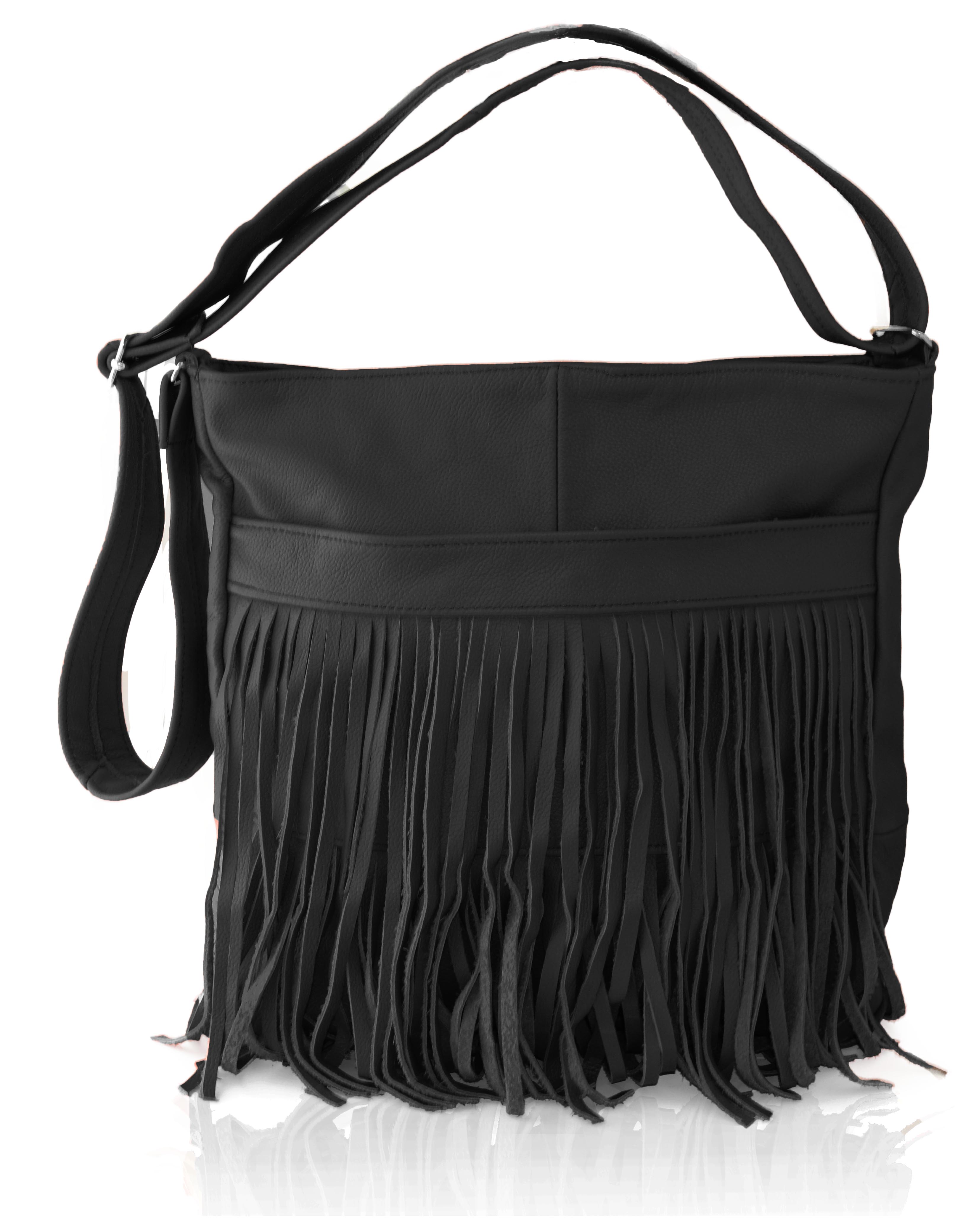 AFONiE Genuine Western Messenger Fringe Mexican Leather Handbag Fringe Mexican Leather Handbag (Color: Black)